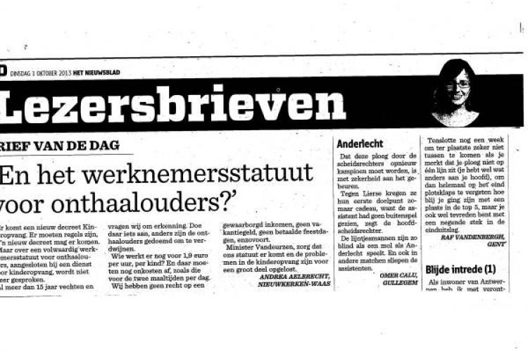 Lezersbrief onthaalouder over werknemersstatuut "brief van de dag" op het Nieuwsblad