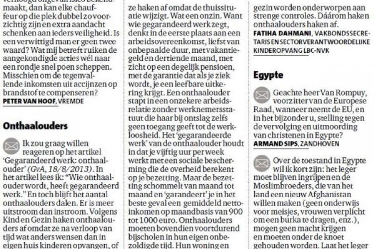 LBC-NVK reageert op "Gegarandeerd werk: onthaalouder" (Gazet van Antwerpen, 18/8)